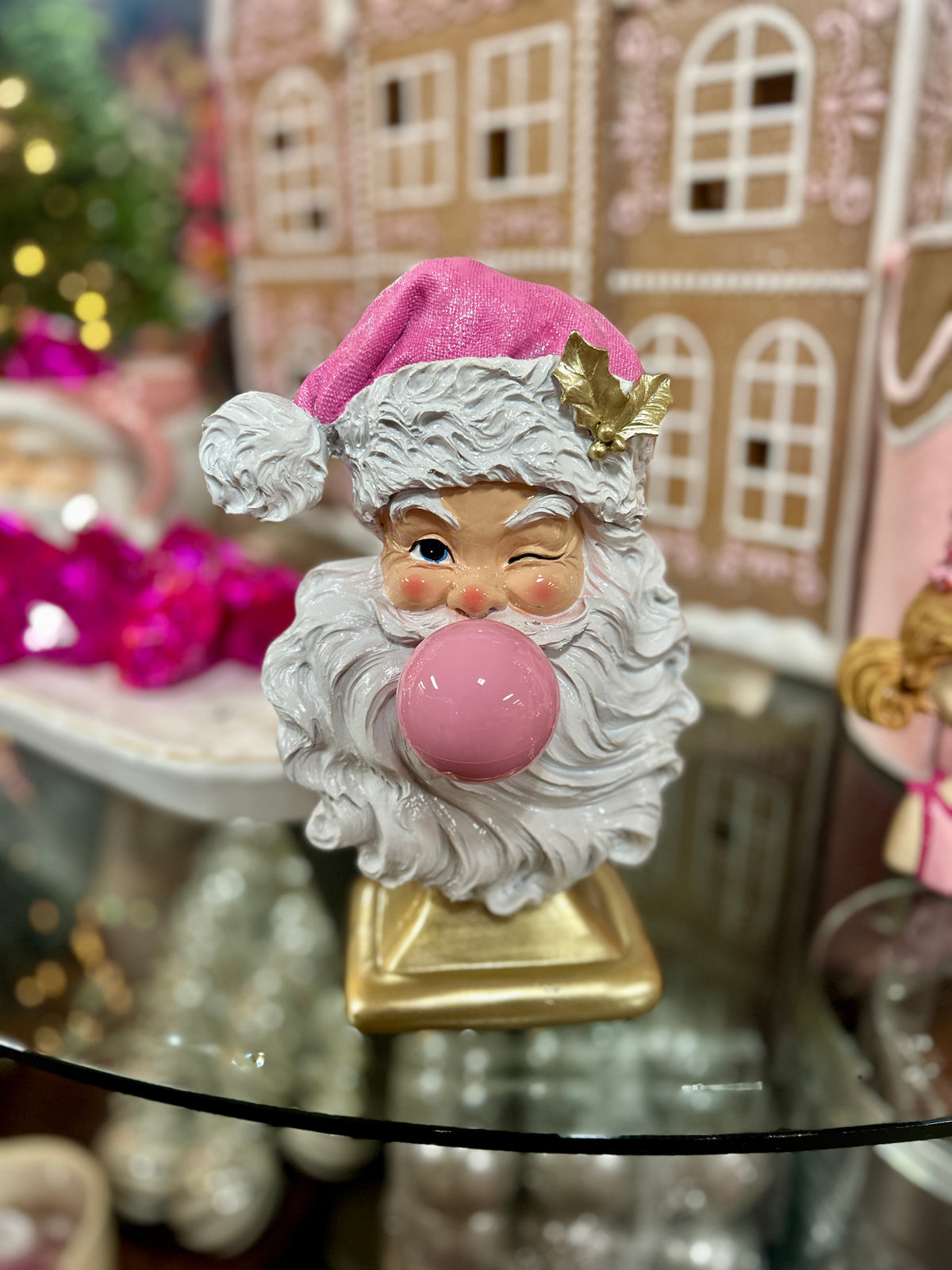 12.5 Inch Pink And White Resin Santa With Bubble Gum