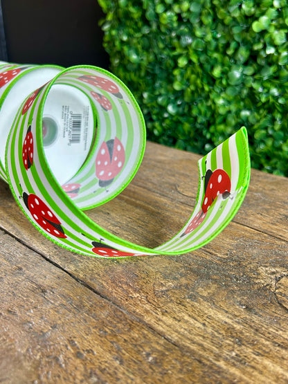 2.5 Inch By 10 Yard Ladybug On Stripes Ribbon