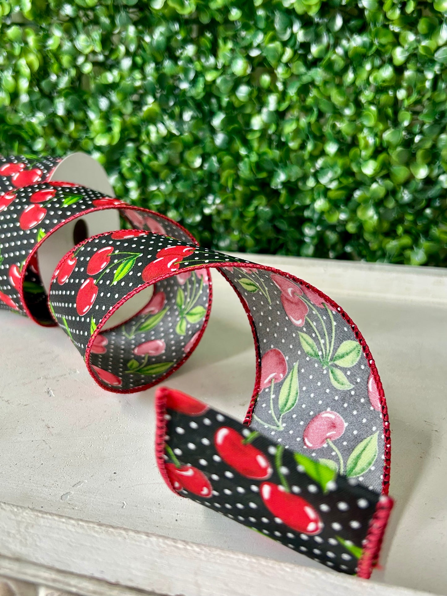 2.5 Inch By 10 Yards White Dots And Cherries Ribbon