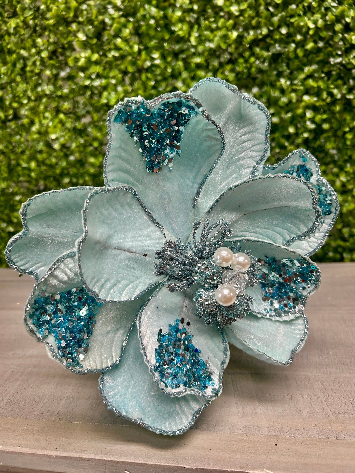 22 Inch Light Blue Glitter Sequin And Bead Magnolia Spray