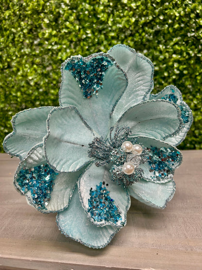 22 Inch Light Blue Glitter Sequin And Bead Magnolia Spray