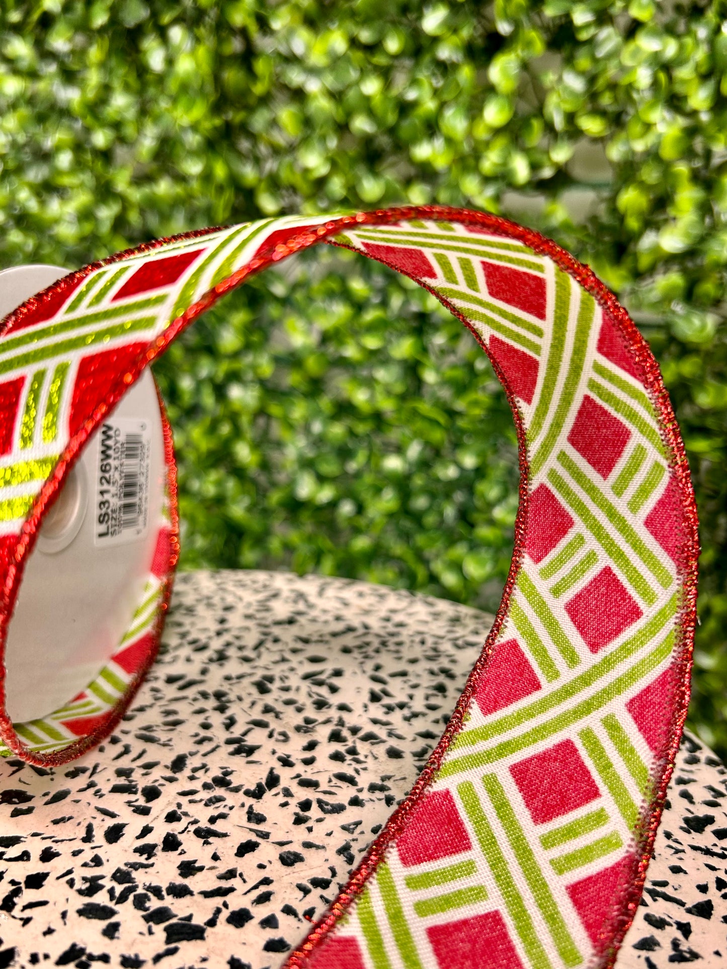 1.5 Inch By 10 Yard Lime And Red Woven Stripes Ribbon