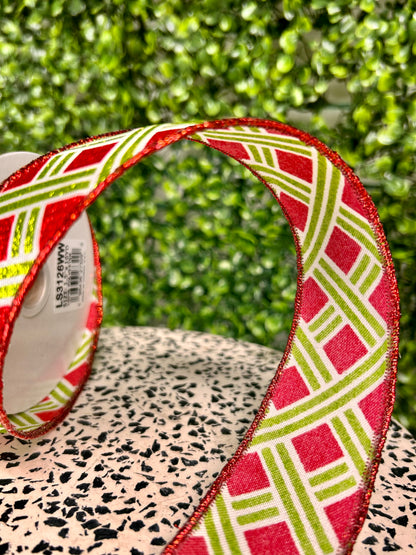 1.5 Inch By 10 Yard Lime And Red Woven Stripes Ribbon