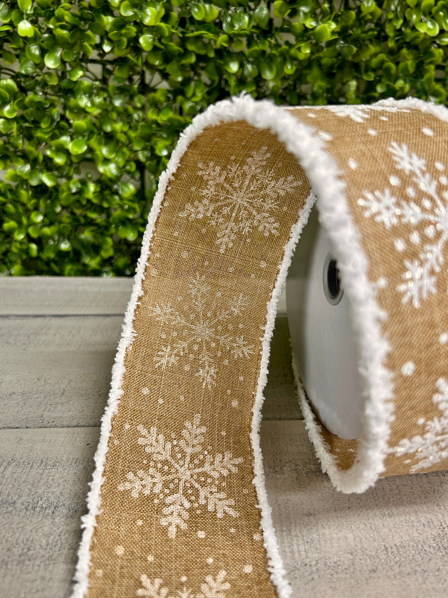 2.5 Inch By 10 Yard White Glittered Snowflakes On Light Beige Background With Snowdrift Edging Ribbon