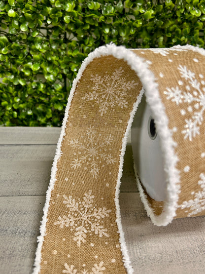 2.5 Inch By 10 Yard White Glittered Snowflakes On Light Beige Background With Snowdrift Edging Ribbon