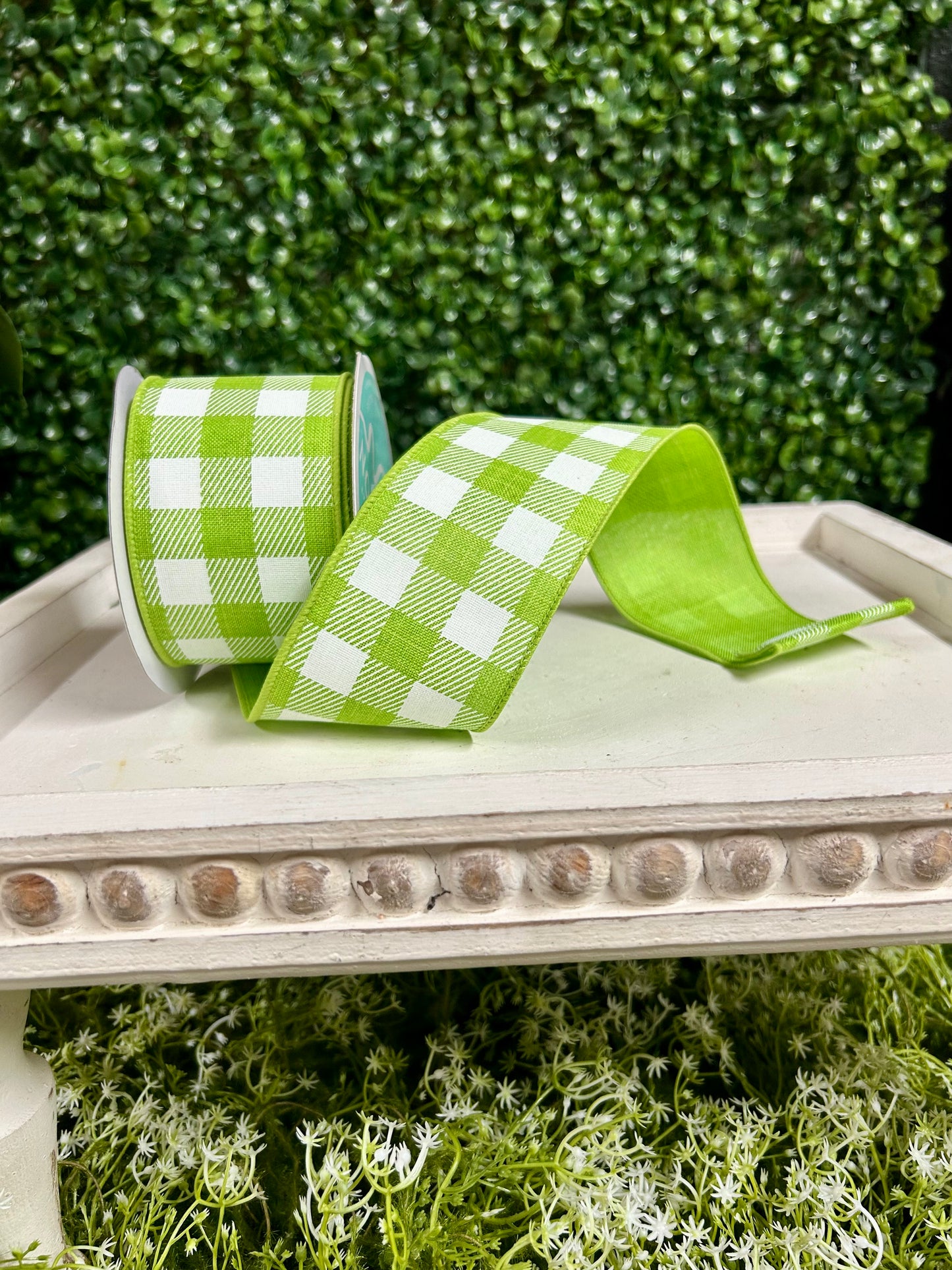 2.5 Inch By 10 Yard Lime Green And White Check On Royal Ribbon