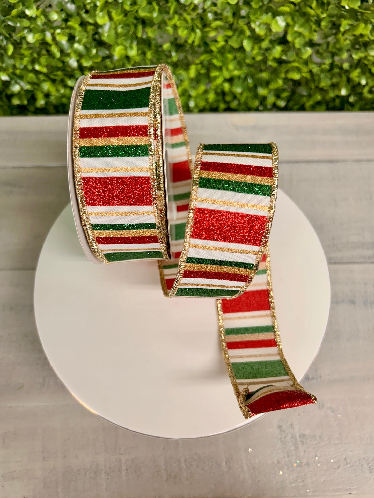 1.5 Inch By 10 Yard Hunter Green Gold And Maroon Horizontal Stripe Ribbon