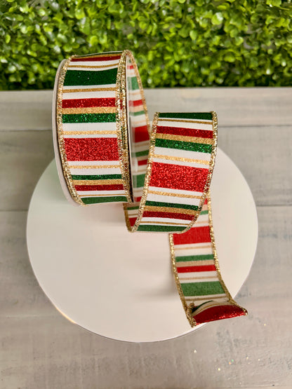 1.5 Inch By 10 Yard Hunter Green Gold And Maroon Horizontal Stripe Ribbon