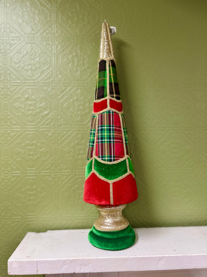 28 Inch Plaid Red And Green Cone Topiary