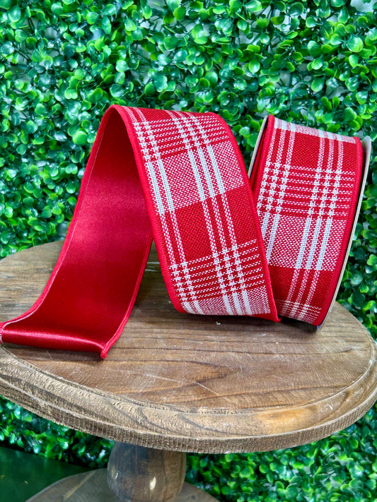 2.5 Inch By 10 Yard Red And White Three Stripe Check Fused Ribbon