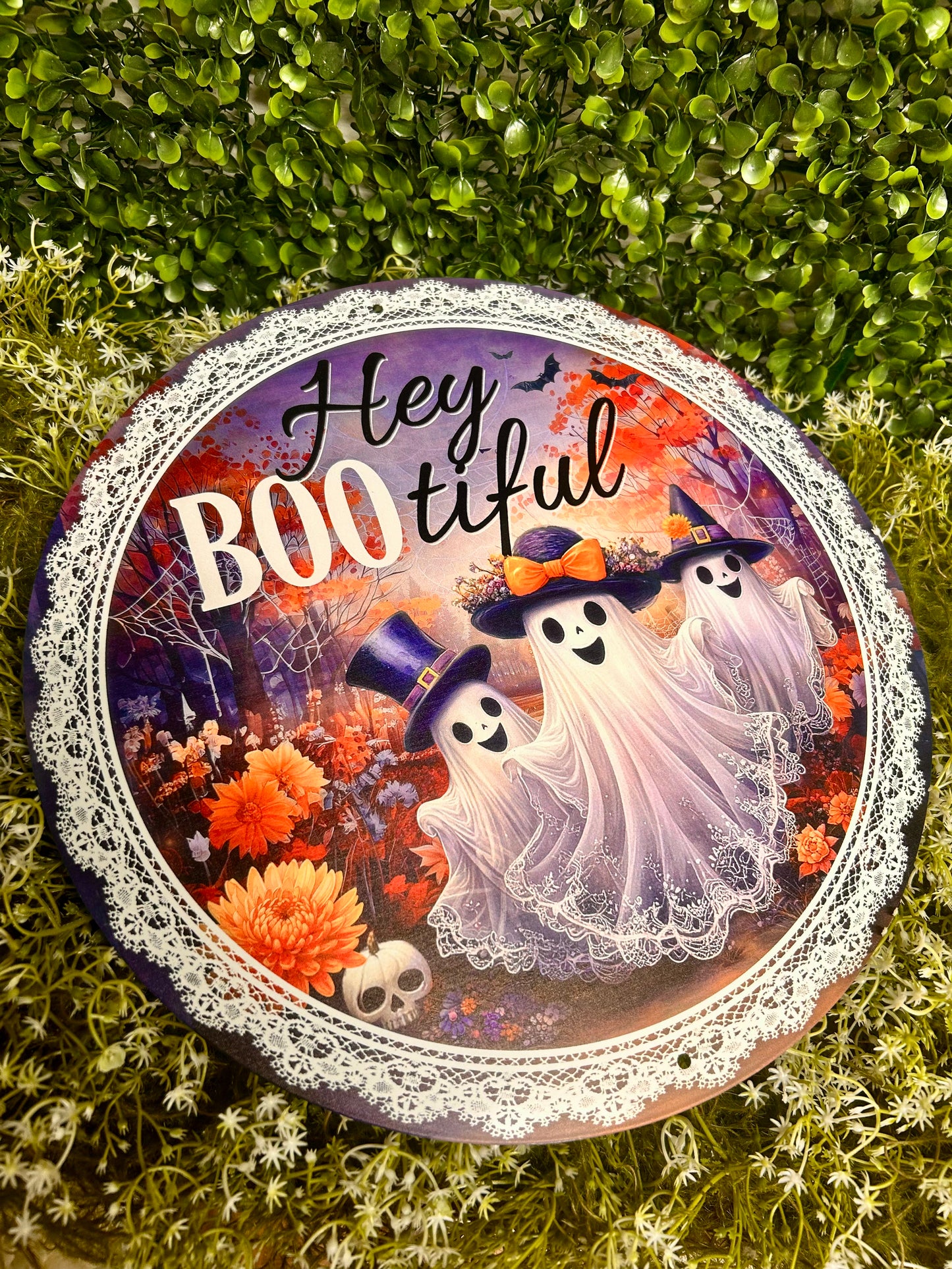 12 Inch Hey Boo-tiful With Ghosts Metal Sign
