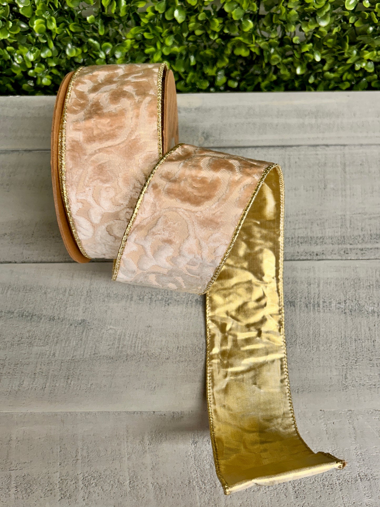 2.5 Inch By 10 Yard Ivory Floral With Gold Backing Ribbon