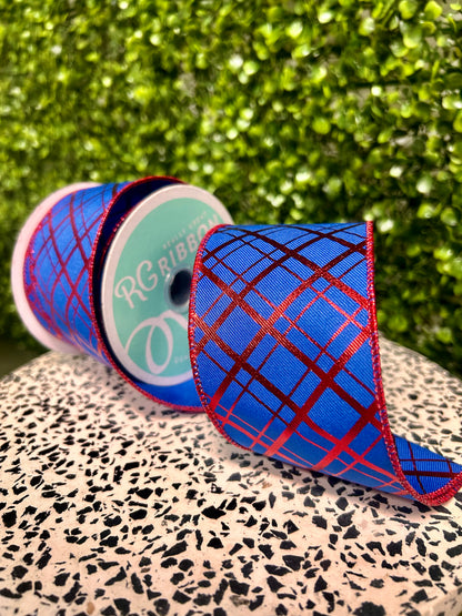 2.5 Inch By 10 Yard Red And Royal Blue Metallic Thick And Thin Diagonal Plaid Ribbon