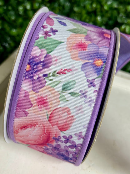 2.5 Inch By 10 Yard Watercolor Florals Ribbon