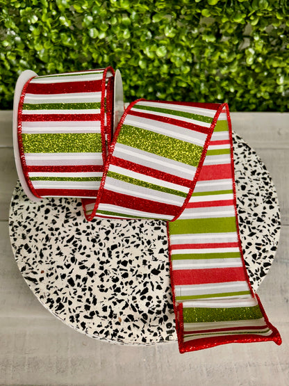 2.5 Inch By 10 Yard Red White And Lime Horizontal Stripe Ribbon