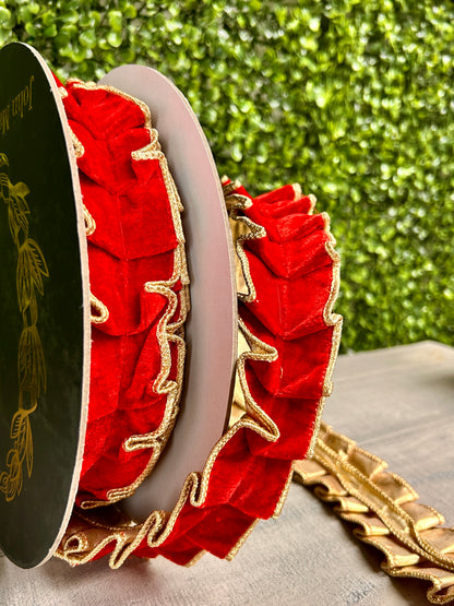 John Mark 1.5 Inch By 10 Yard Red Velvet Pleated Metallic Dupioni Ribbon
