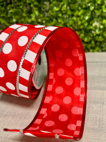 2.5 Inch By 10 Yard Red And White Polka Dot And Stripes Ribbon
