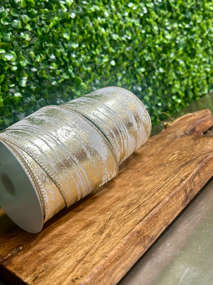 2.5 Inch By 10 Yard Gold And White Metallic Streak Ribbon
