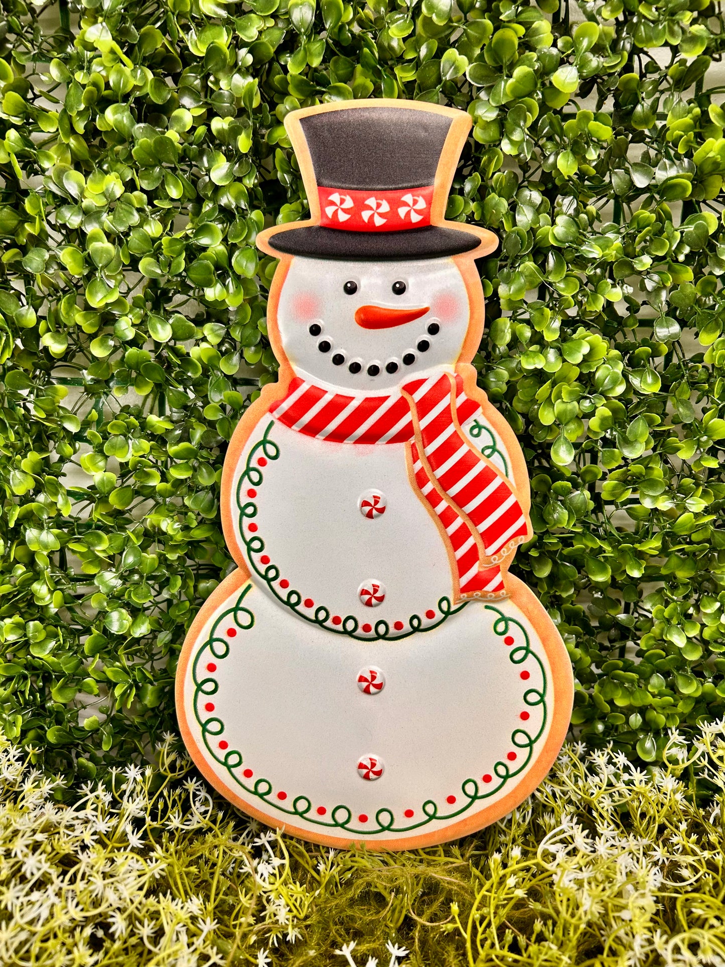 12 Inch Snowman Cookie With Stripe Scarf Metal Sign