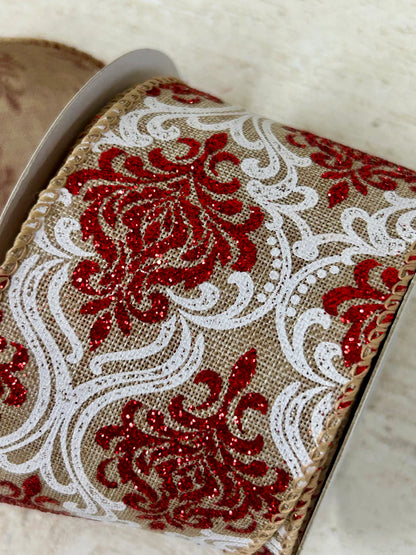 2.5 Inch By 10 Yard Red And White Glitter Demask With A Burlap Background Ribbon