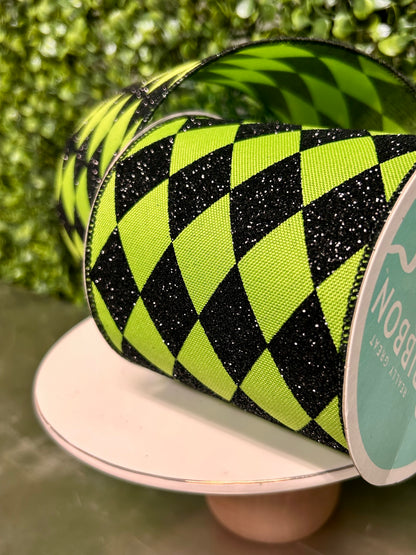 4 Inch By 10 Yard Lime Green And Black Harlequin Check Ribbon