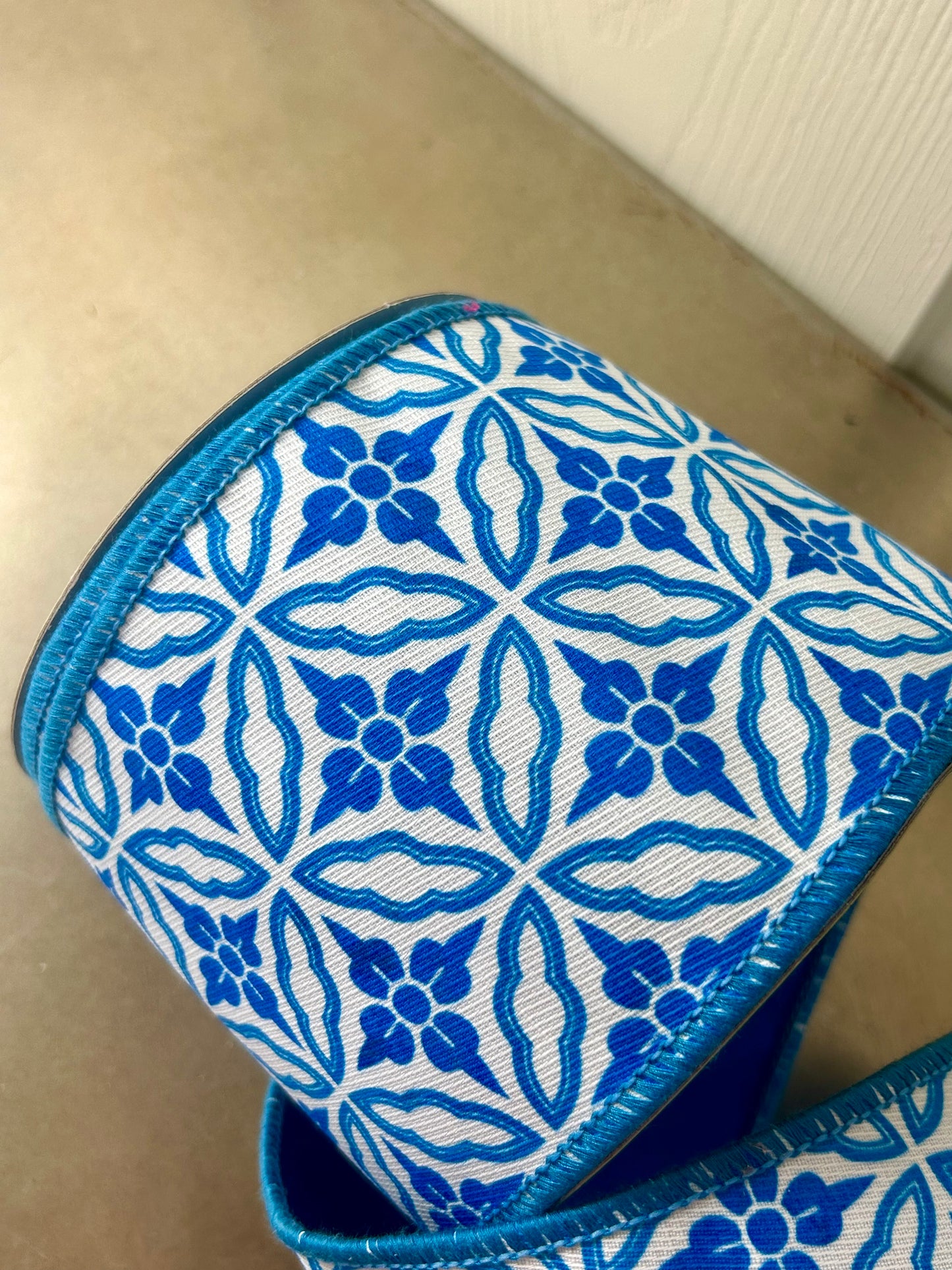 4 Inch By 10 Yard Blue And White Double Sided Geometric Dupioni Ribbon