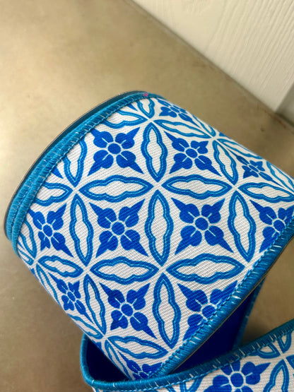 4 Inch By 10 Yard Blue And White Double Sided Geometric Dupioni Ribbon