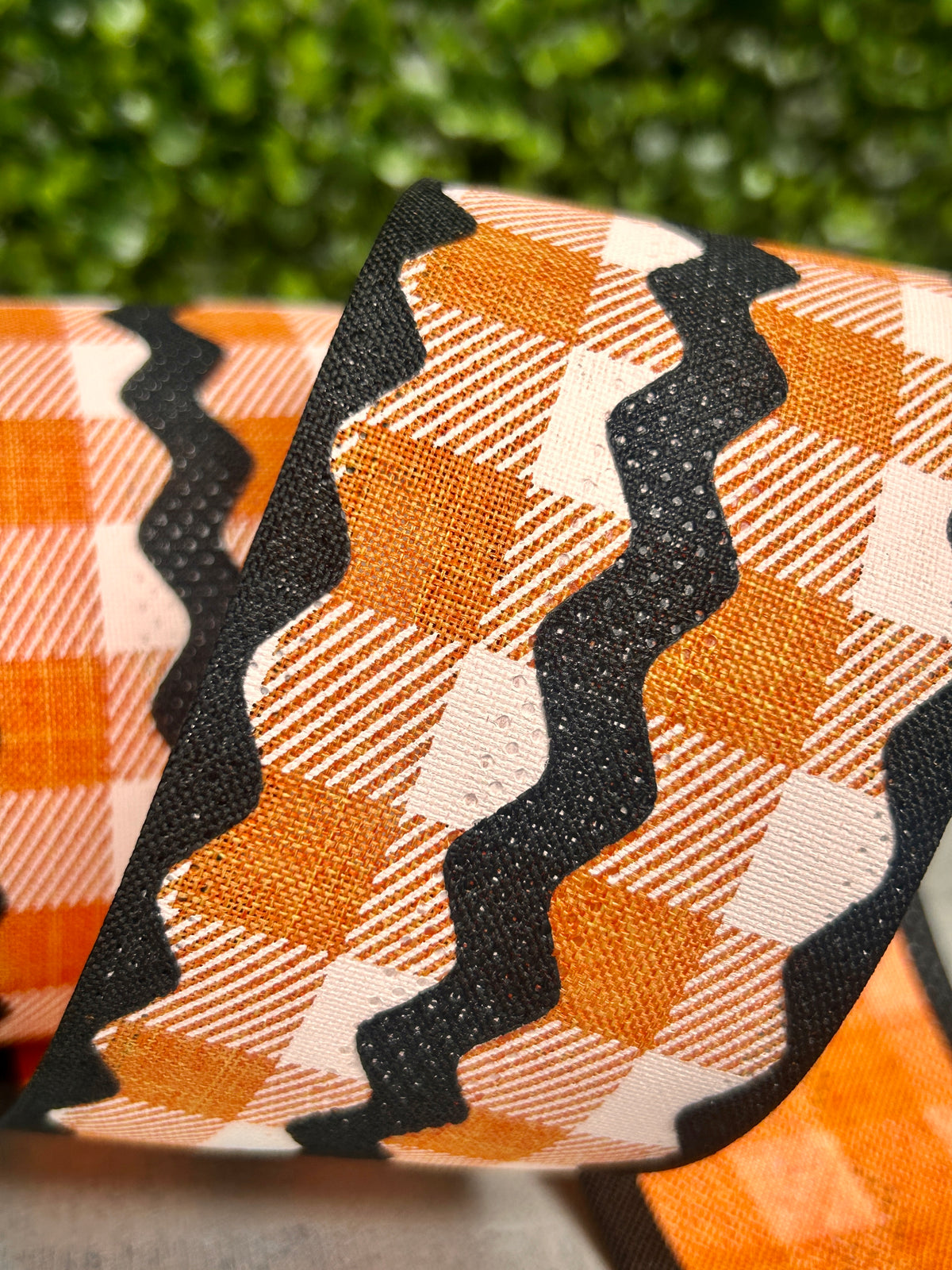 2.5 Inch By 10 Yard Orange Black And White Royal Burlap Ric Rac On Plaid Ribbon