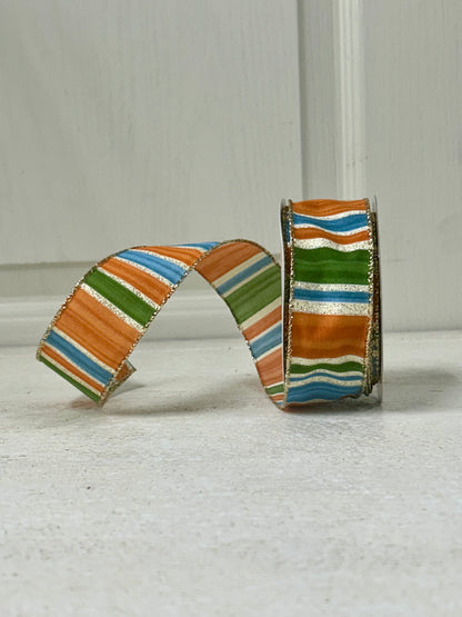1.5 Inch By 10 Yard Rust Blue Moss And Gold Glitter Painted Stripes Ribbon