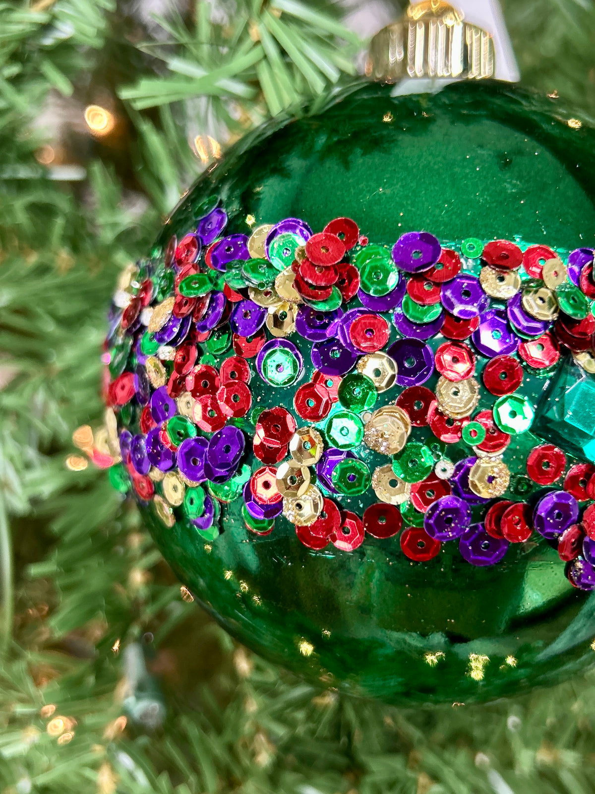5 Inch Emerald Green With Diamond And Sequin Ornament Ball