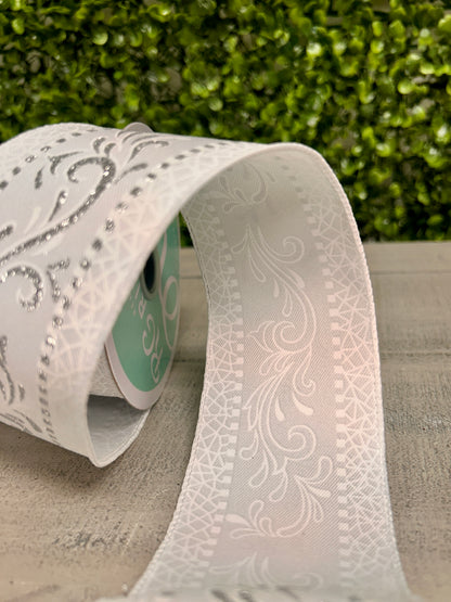 2.5 Inch By 10 Yard White And Silver Swirls Ribbon