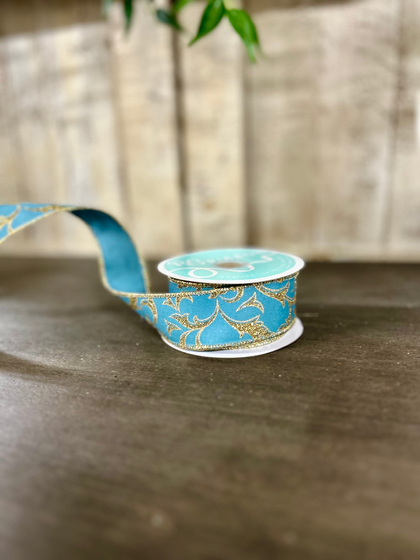 1.5 Inch By 10 Yard Smoke Blue And Gold Acanthus Leaf Ribbon