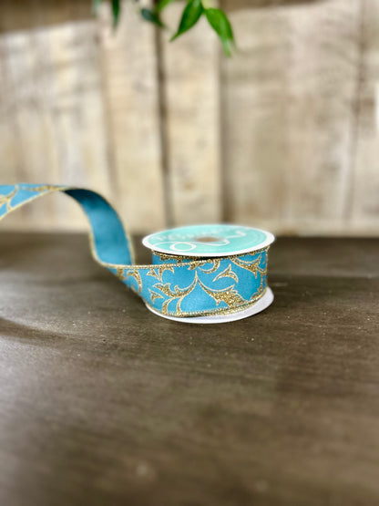 1.5 Inch By 10 Yard Smoke Blue And Gold Acanthus Leaf Ribbon