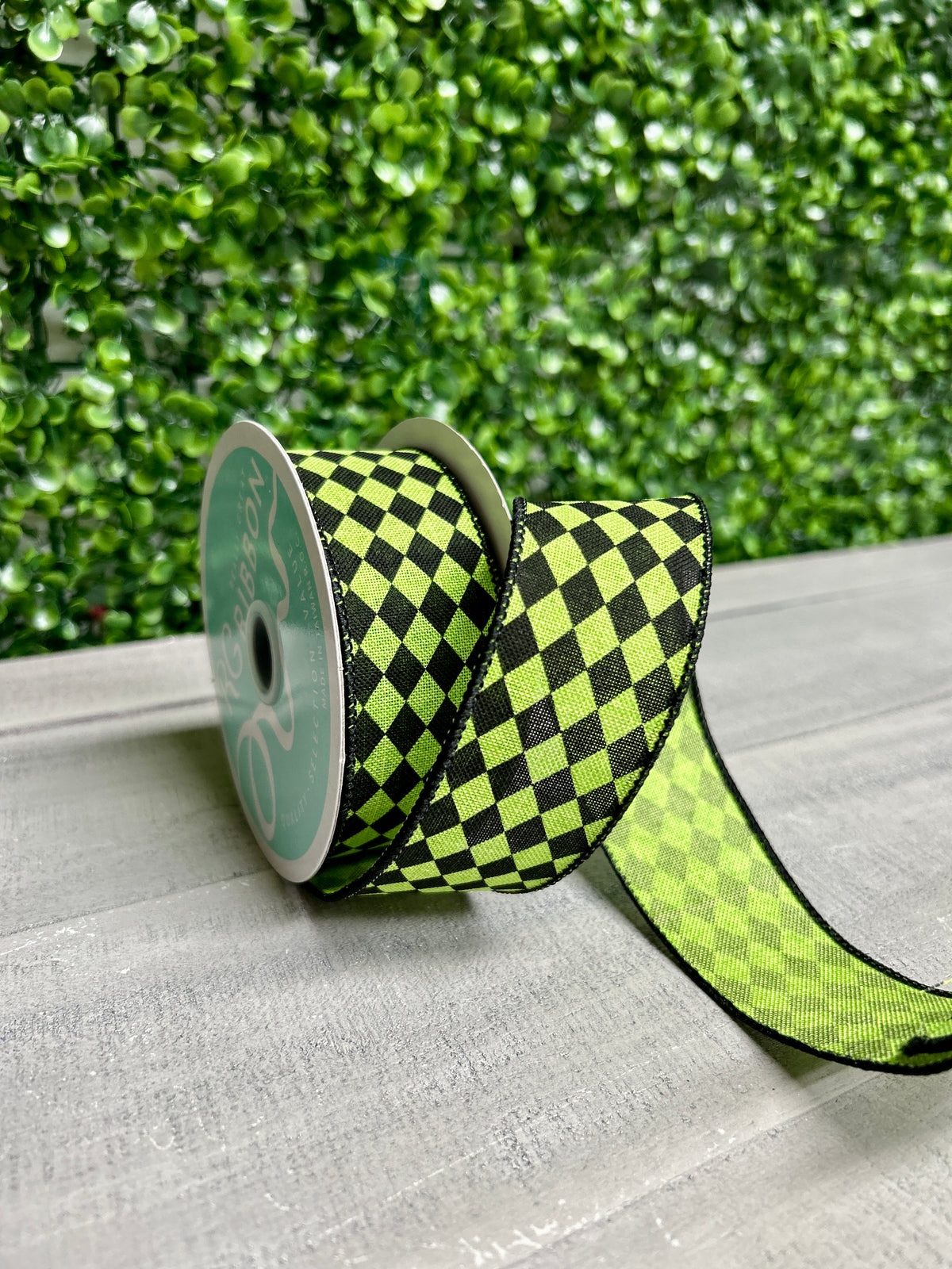 1.5 Inch By 10 Yard Lime Green And Black Small Harlequin On Royal Ribbon