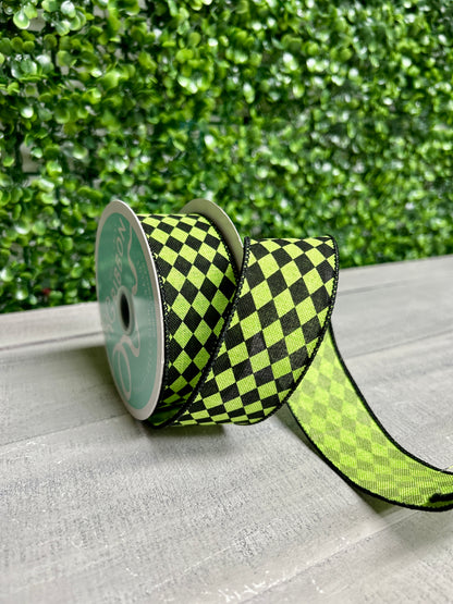 1.5 Inch By 10 Yard Lime Green And Black Small Harlequin On Royal Ribbon