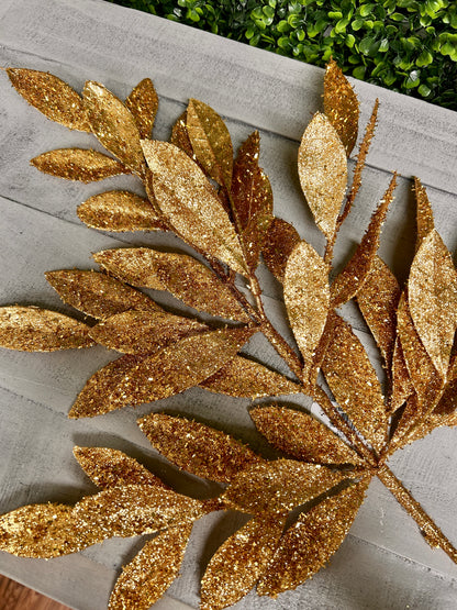 23 Inch Gold Glitter Bay Leaf Spray