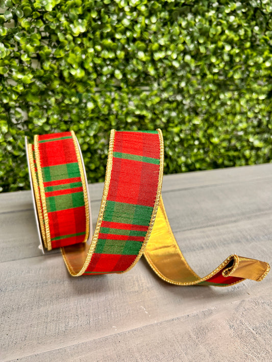 1.5 Inch By 10 Yard Modern Red And Green Christmas Plaid With Gold Back Ribbon