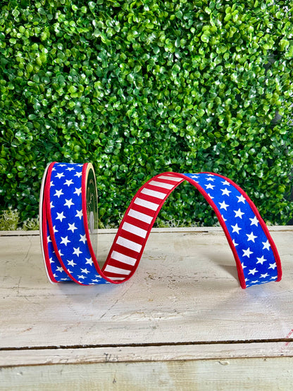 1.5 Inch By 10 Yard Red White And Royal Blue Stars And Striped Fused Back Ribbon