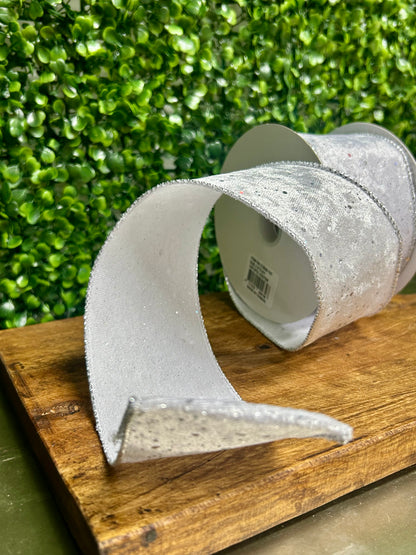 2.5 Inch By 10 Yard White And Silver Speckled Velvet Ribbon