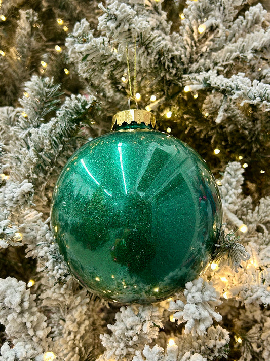 6 Inch Emerald Green Lacquer Look Glitter Ball Ornament