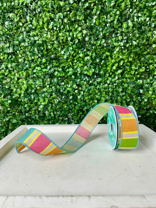 1.5 Inch By 10 Yard Pink Orange Green And Yellow Bold Stripes On Royal Ribbon