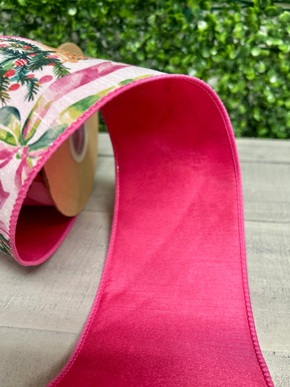 4 Inch By 10 Yard Pink Baubles And Bows With Pink Backing Ribbon