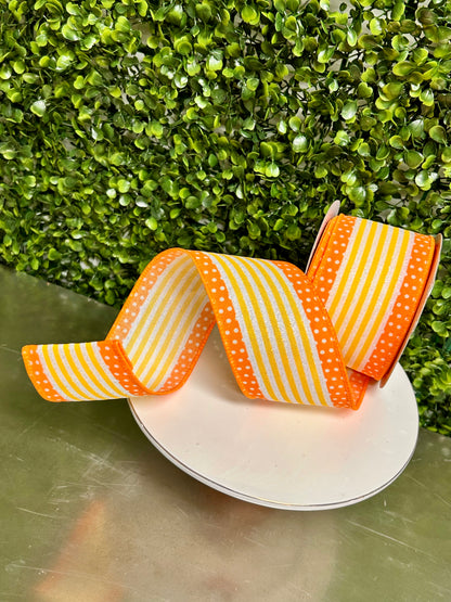 2.5 Inch By 10 Yard White Orange And Yellow Vertical Stripe And Polka Dot Ribbon