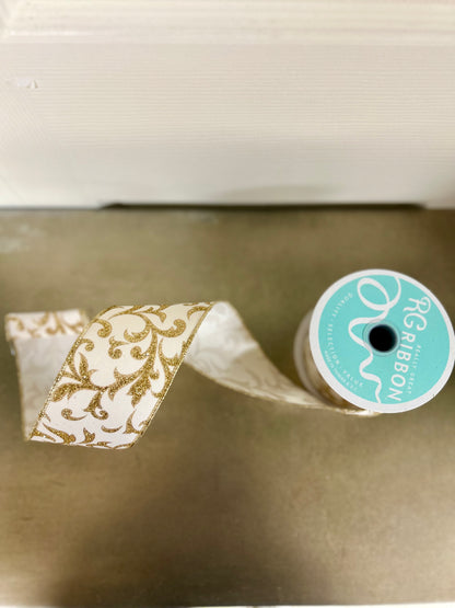 2.5 Inch By 10 Yard Ivory And Gold Acanthus Leaf Ribbon