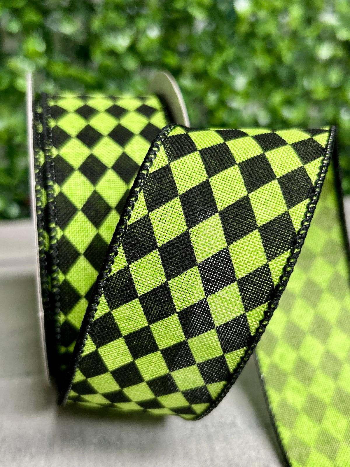 1.5 Inch By 10 Yard Lime Green And Black Small Harlequin On Royal Ribbon