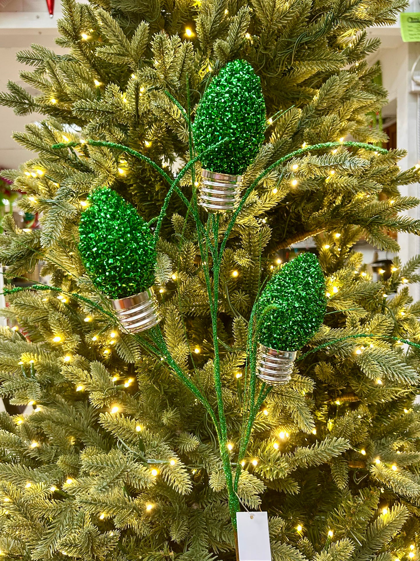 28 Inch Dark Green Tinsel Bulb Spray