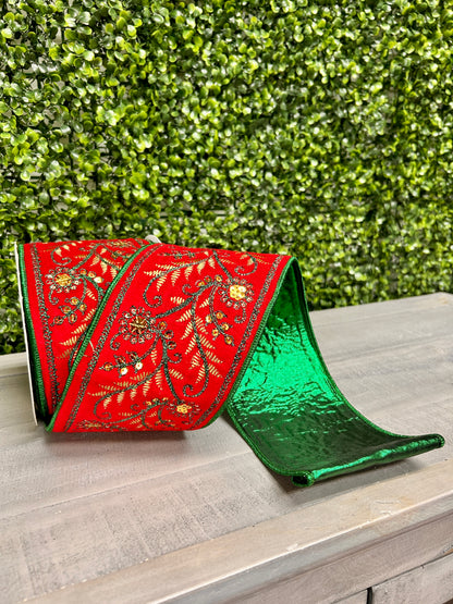 David Christopher 4 Inch By 10 Yard Green Fern Embroidery With Gold Sequins On Red Velvet With Green Back Ribbon