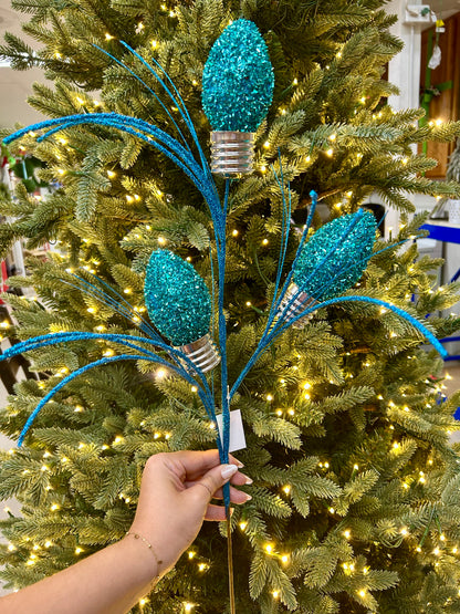 28 Inch Aqua Tinsel Bulb Spray