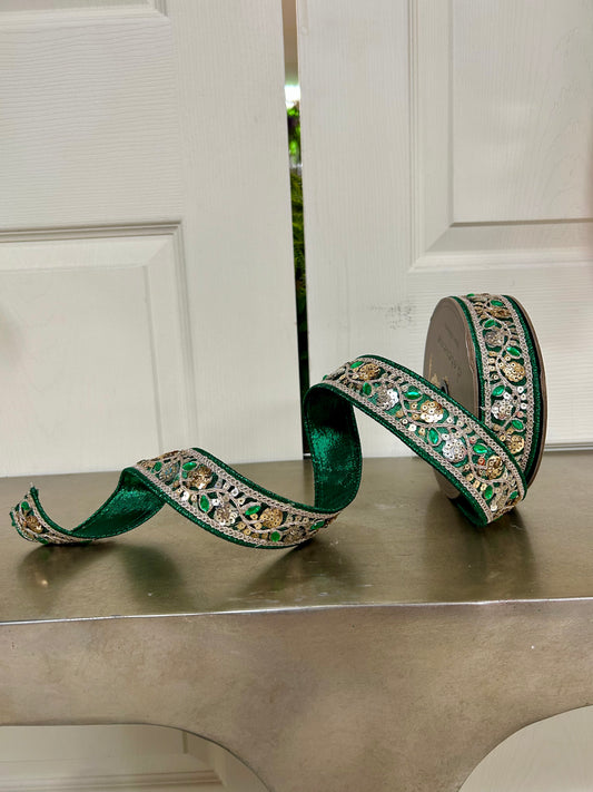 1.5 Inch By 10 Yard Emerald Green Metallic Dupioni Jewel Ribbon