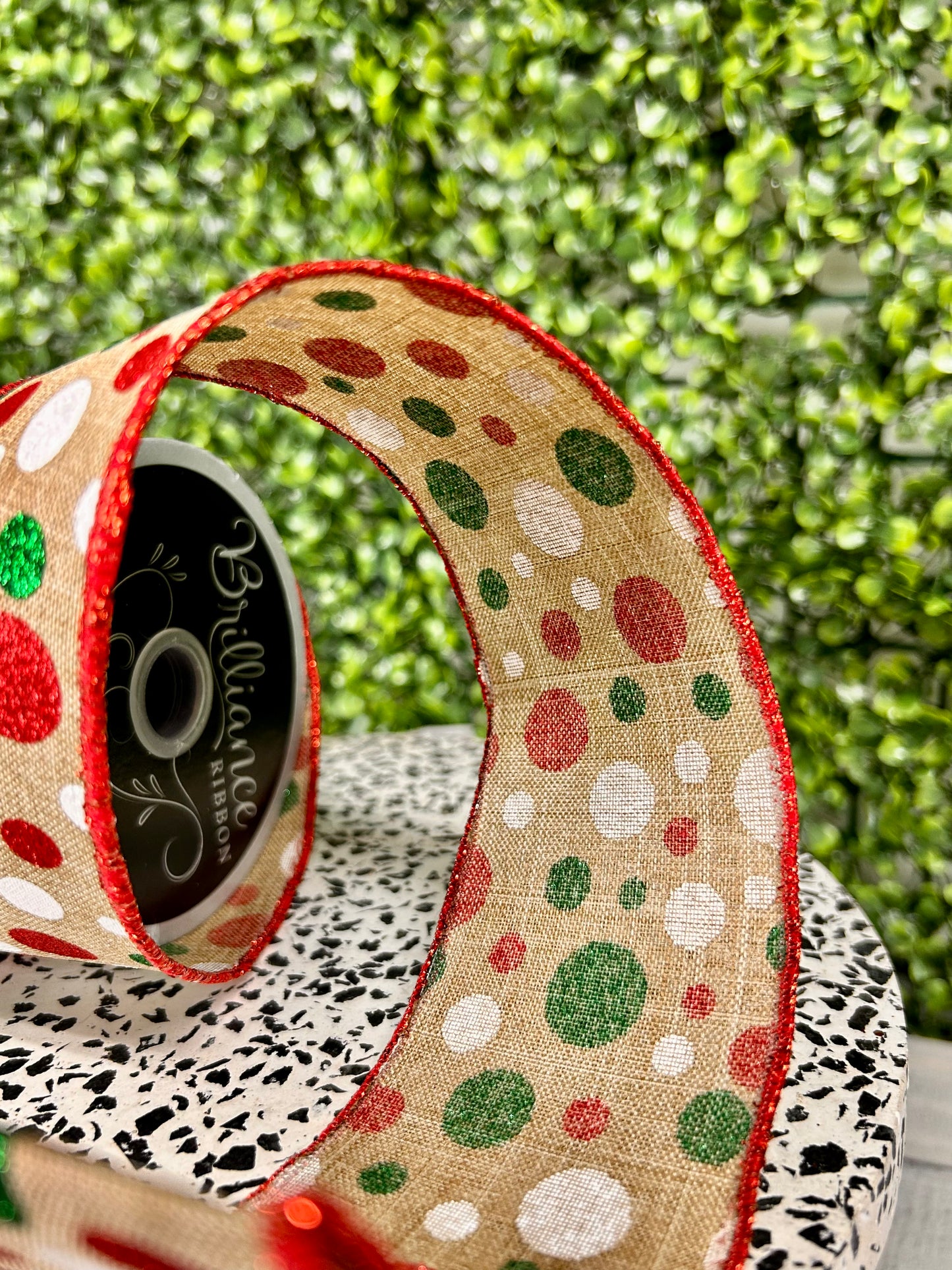 2.5 Inch By 10 Yard Beige White Emerald And Red Polka Dot Ribbon